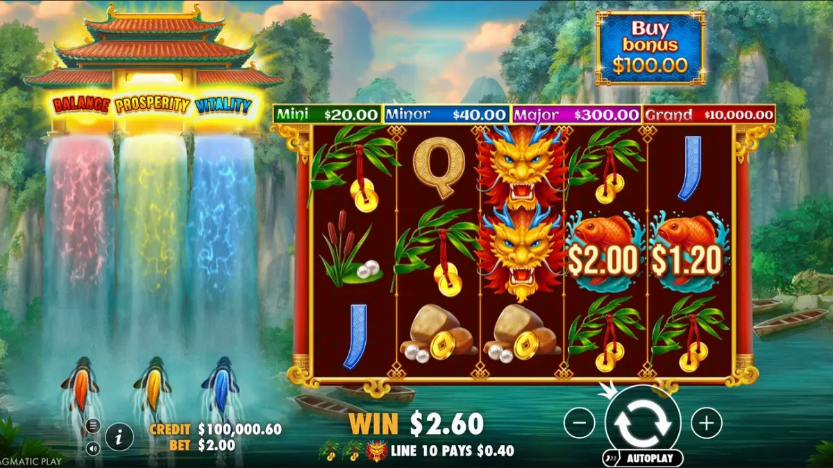 Tampilan visual slot Dragon’s Gate Bonus Choice dengan tema naga dan pegunungan.