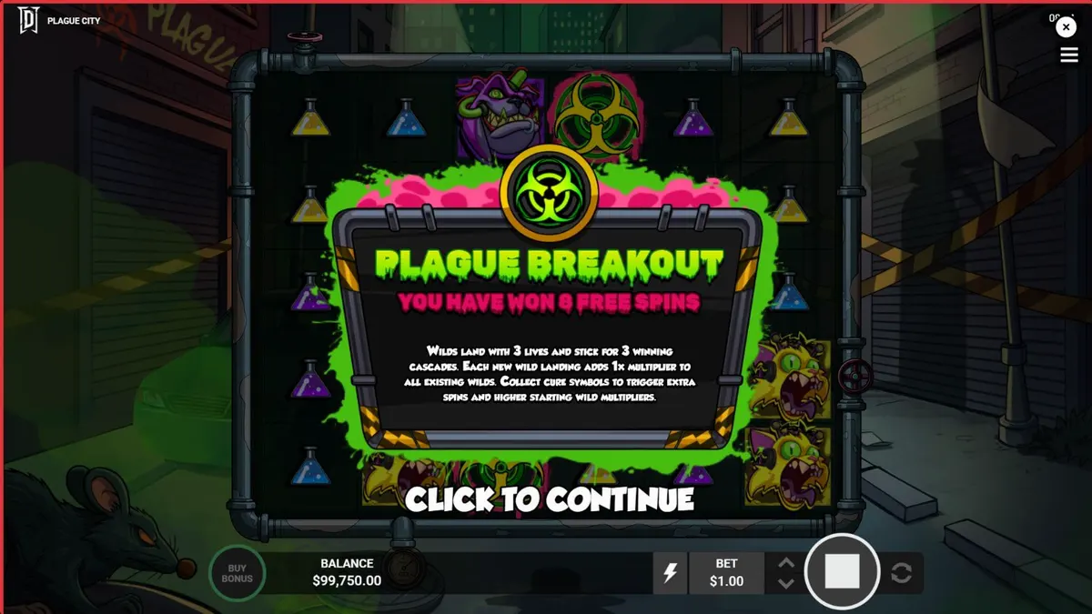 Tampilan visual slot Plague City dengan tema apokaliptik