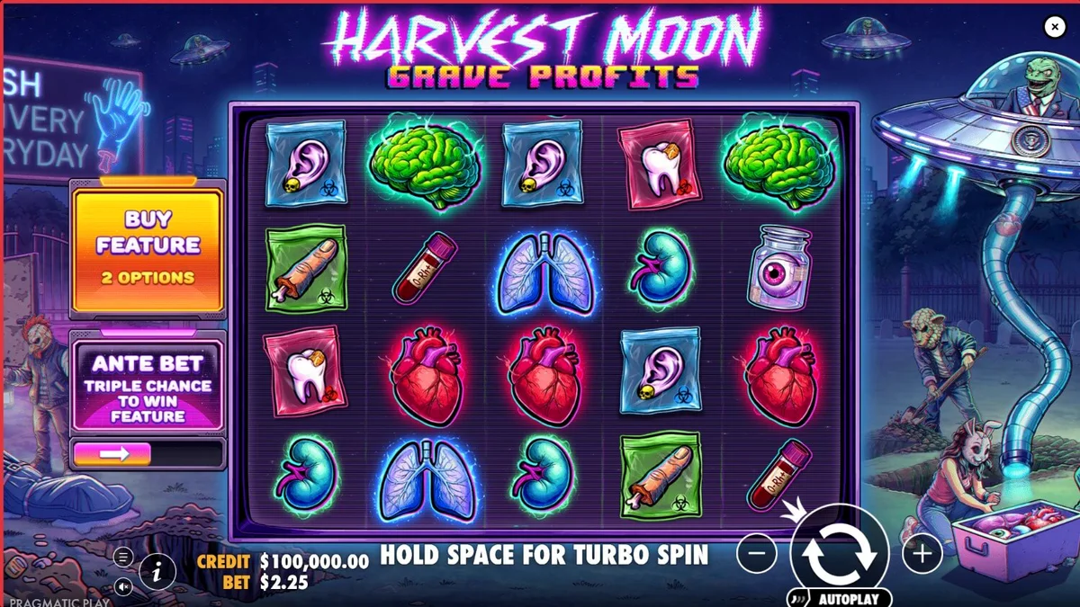 Tampilan visual slot Harvest Moon Grave Profits dengan tema horor dan sci-fi